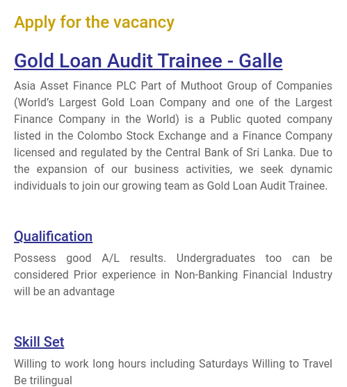 Gold Loan Audit Trainee Vacancy 2022 - Galle Asia Asset Finance