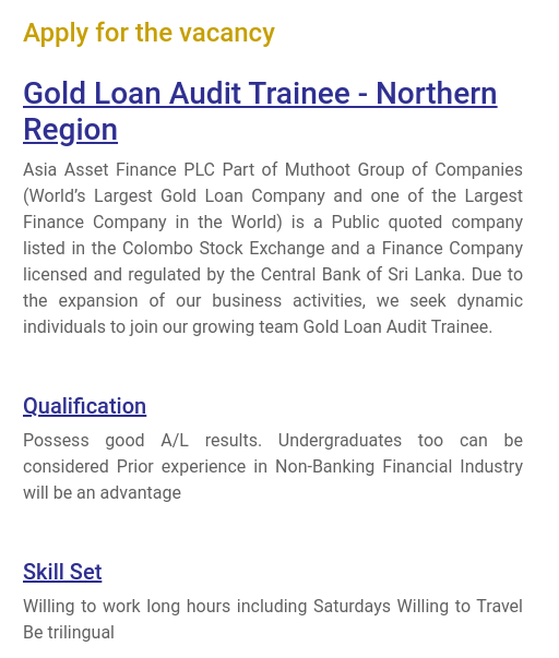 Gold Loan Audit Trainee Vacancy 2022 - Kilinochchi Asia Asset Finance Jobs Vacancies