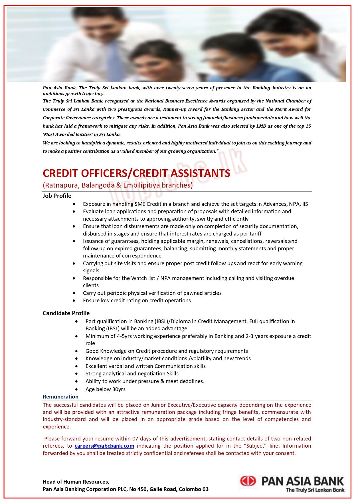 Credit Officers / Credit Assistant Vacancy at Embilipitiya Pan Asia Bank Jobs Vacancies