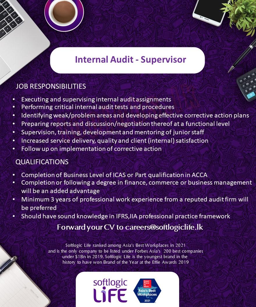 Internal Audit Supervisor Vacancies - Softlogic Life Insurance Jobs Vacancies