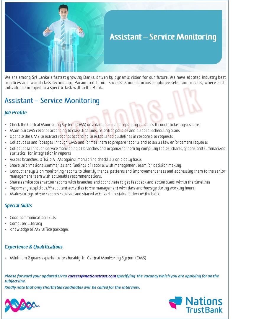 Nations Trust Bank Vacancies 2022 for Assistant Service Monitoring Jobs Vacancies