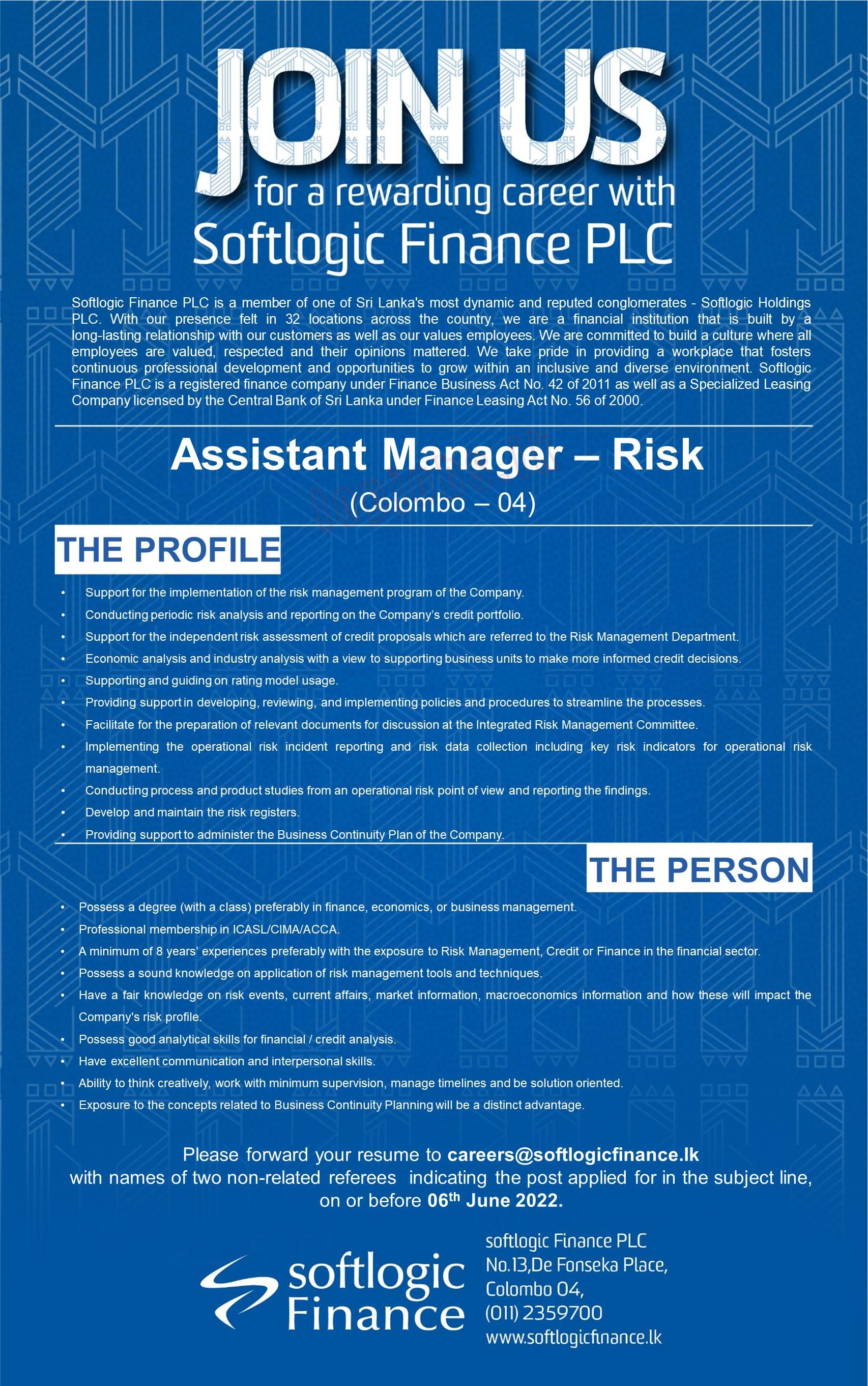 Assistant Manager of Risk Vacancy - Softlogic Holdings PLC Jobs Vacancies