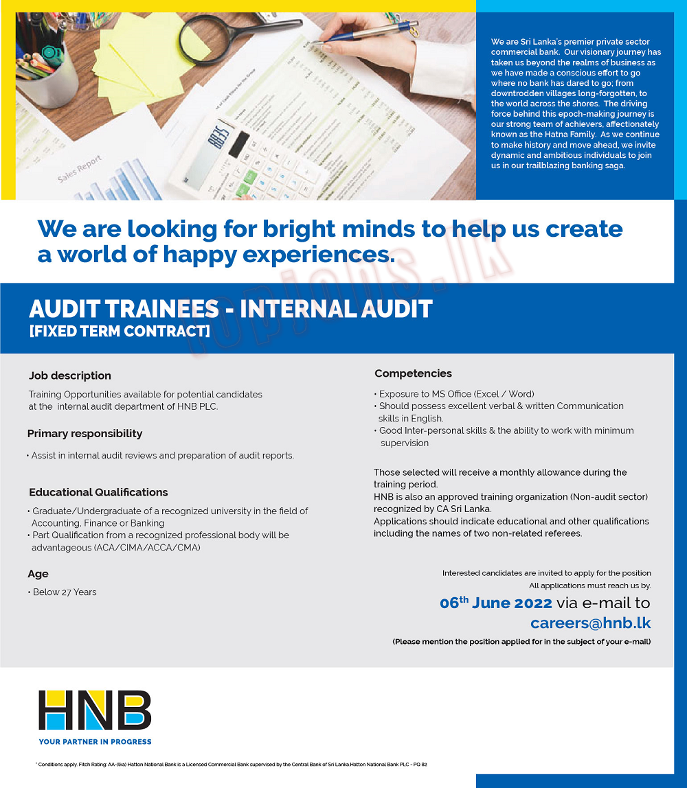 Audit Trainees (Internal Audit) Vacancies - Hatton National Bank Jobs Vacancies