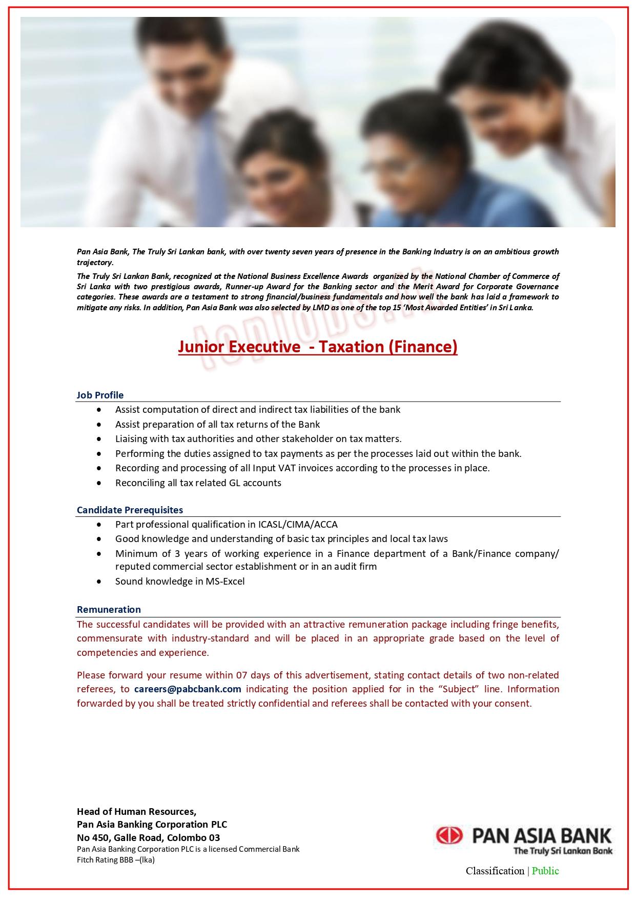 Junior Executive (Taxation) Job Vacancy - Pan Asia Bank Jobs Vacancies