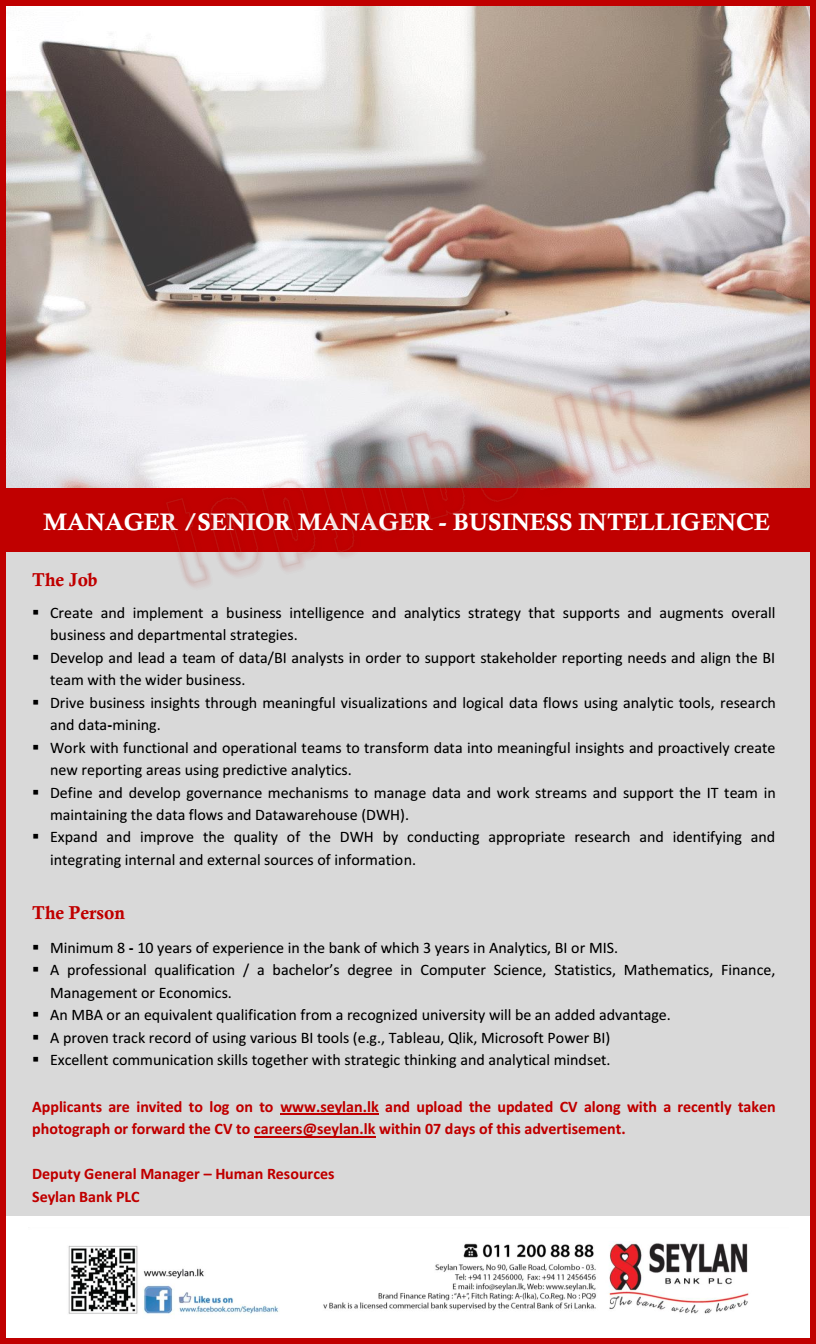 Manager / Senior Manager (Business Intelligence) - Seylan Bank Jobs Vacancies