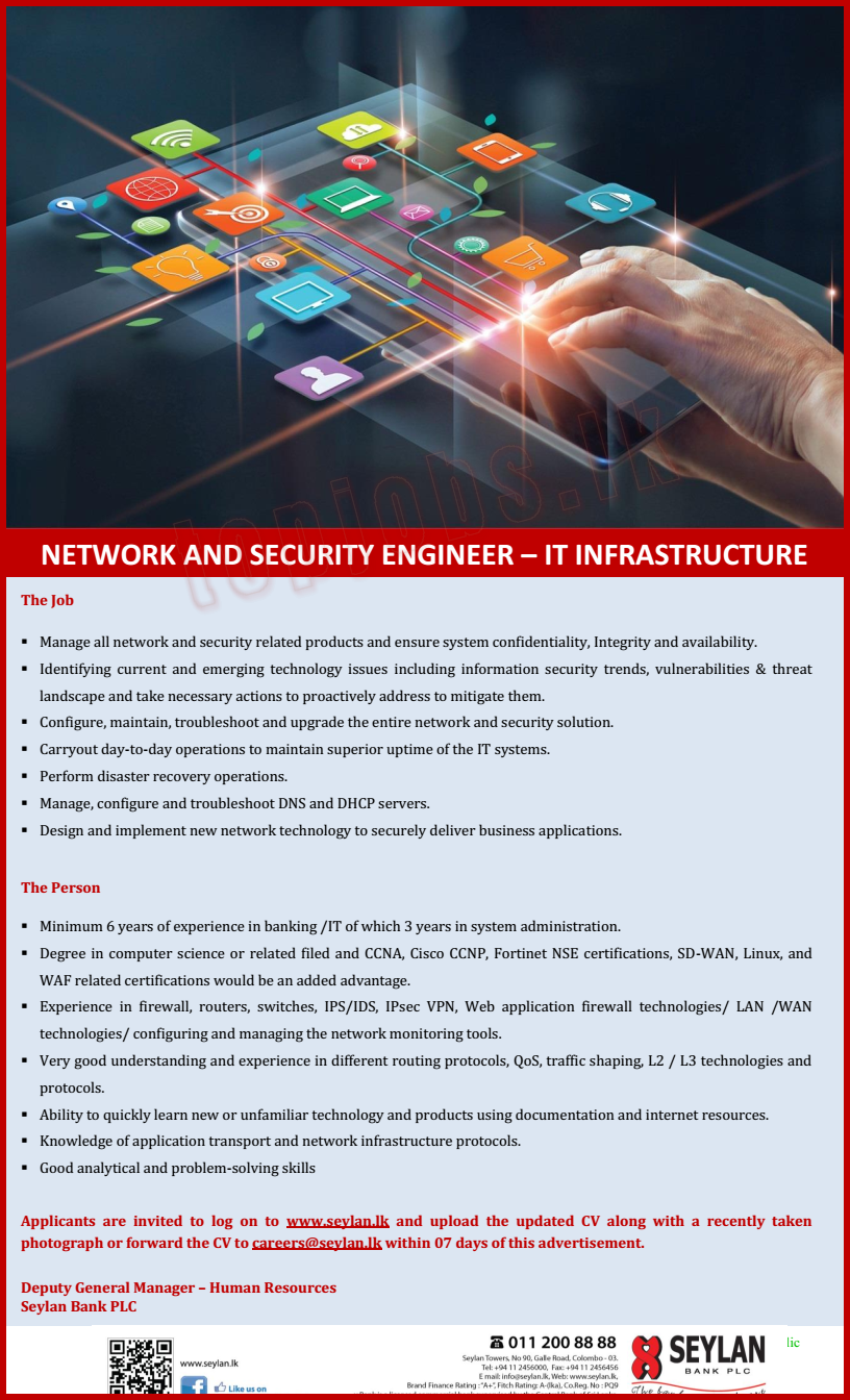 Network & Security Engineer IT Infrastructure Vacancy - Seylan Bank Jobs Vacancies