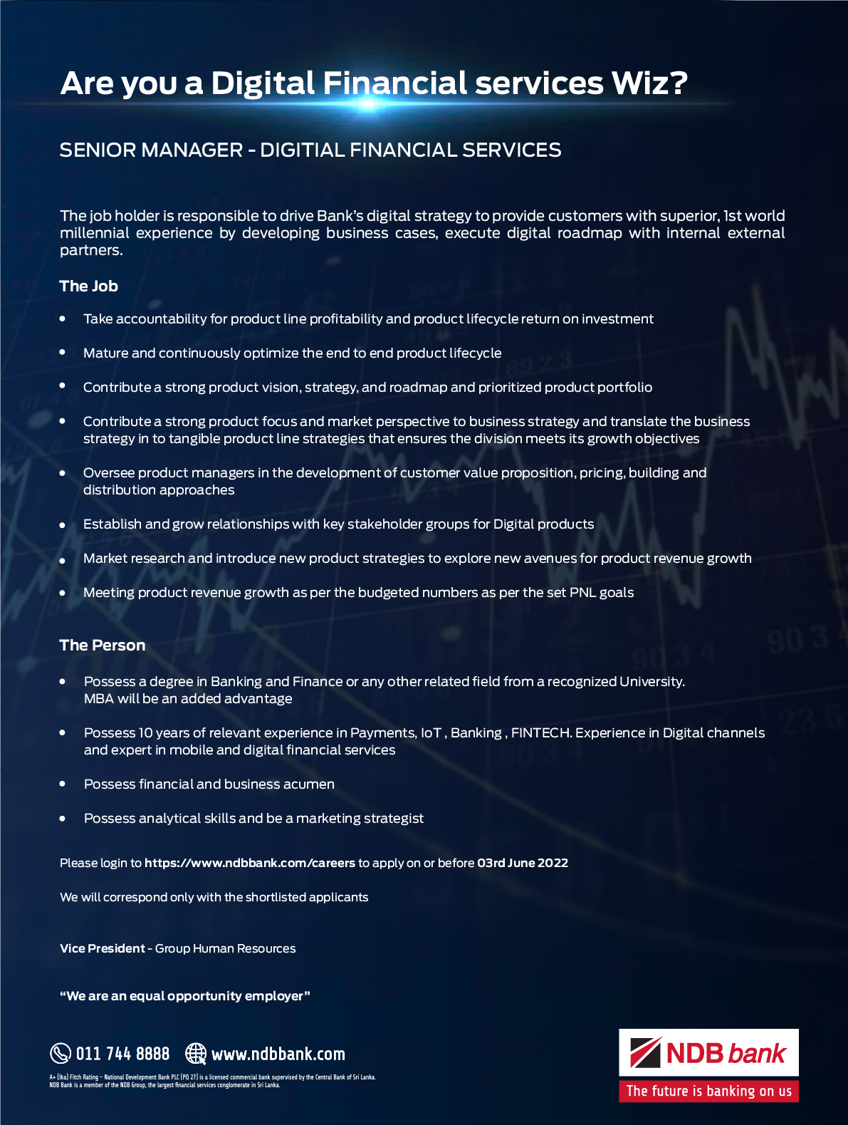 Senior Manager Digital Financial Services - NDB Bank Jobs Vacancies