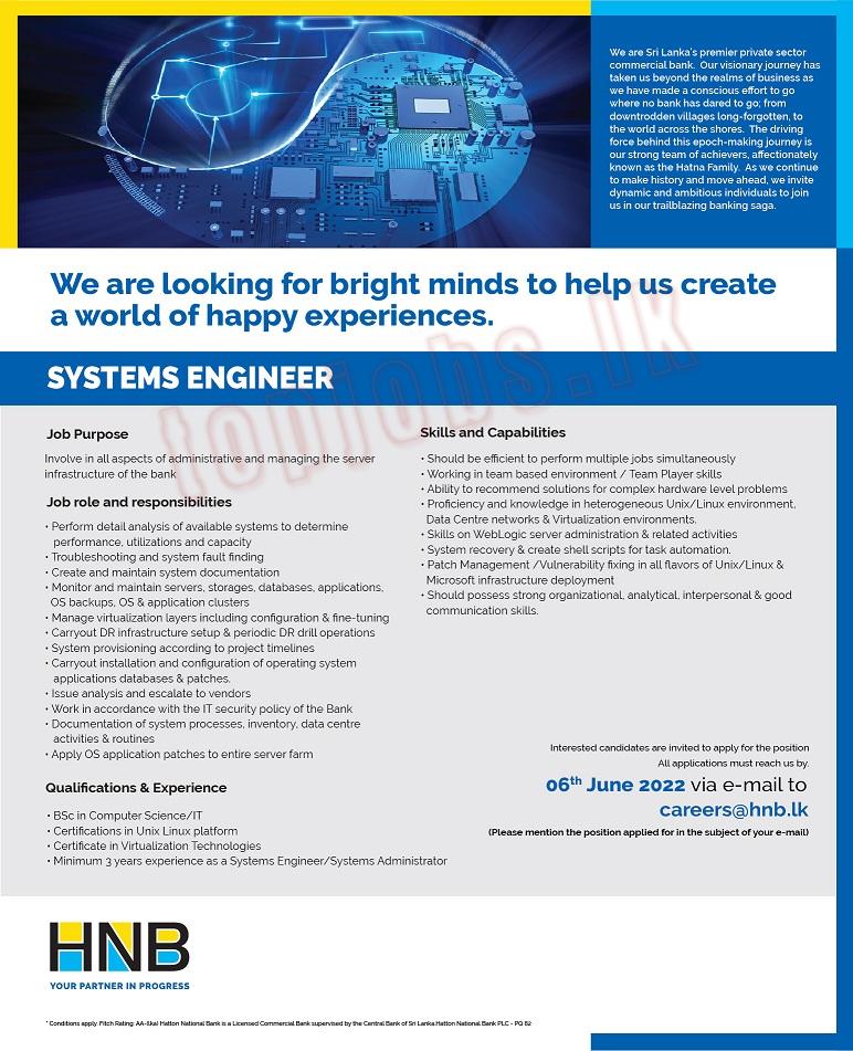 System Engineer Vacancy - Hatton National Bank (HNB Bank) Jobs Vacancies