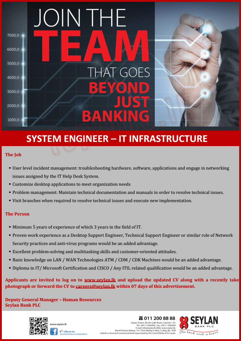 System Engineer of IT Infrastructure Job Vacancy - Seylan Bank Jobs Vacancies