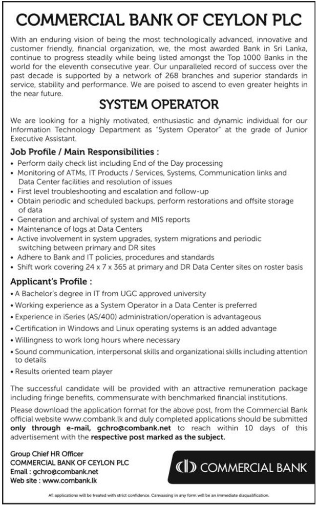 System Operator - Commercial Bank of Ceylon PLC Jobs Vacancies