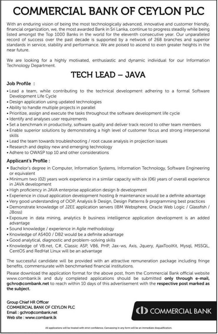 Tech Lead (Java) Vacancy in Commercial Bank of Ceylon PLC Jobs Vacancies