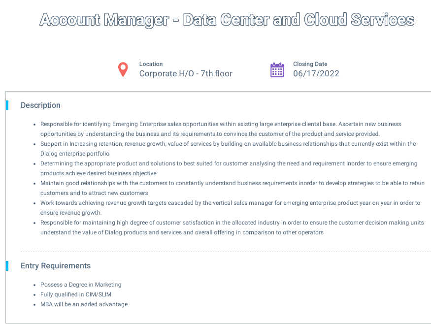 Account Manager (Data Center and Cloud Services) - Dialog Axiata PLC Jobs Vacancies