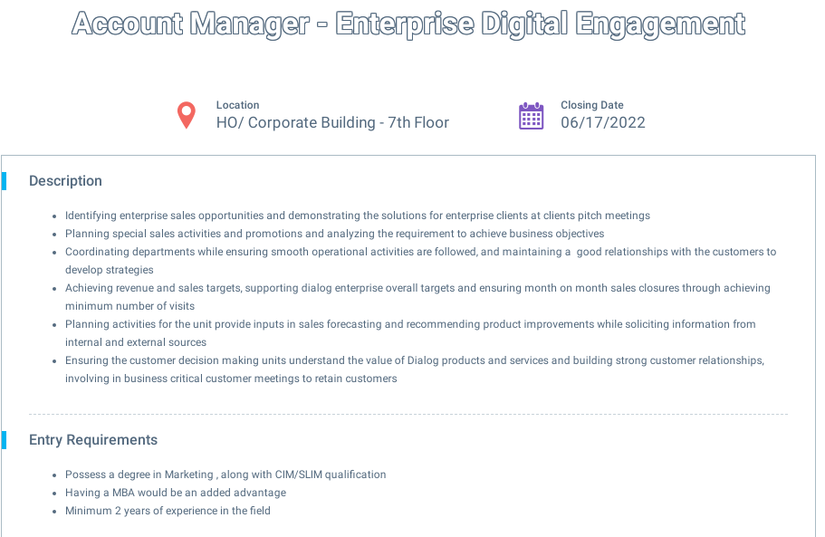Account Manager (Enterprise Digital Engagement) - Dialog Axiata PLC Jobs Vacancies