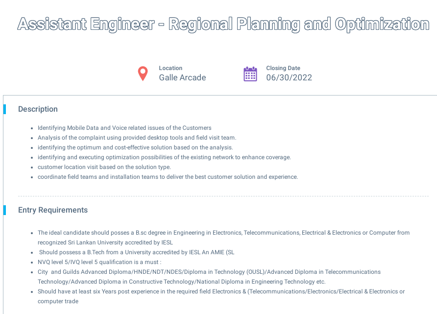 Assistant Engineer (Regional Planning and Optimization) - Dialog Axiata PLC Jobs Vacancies