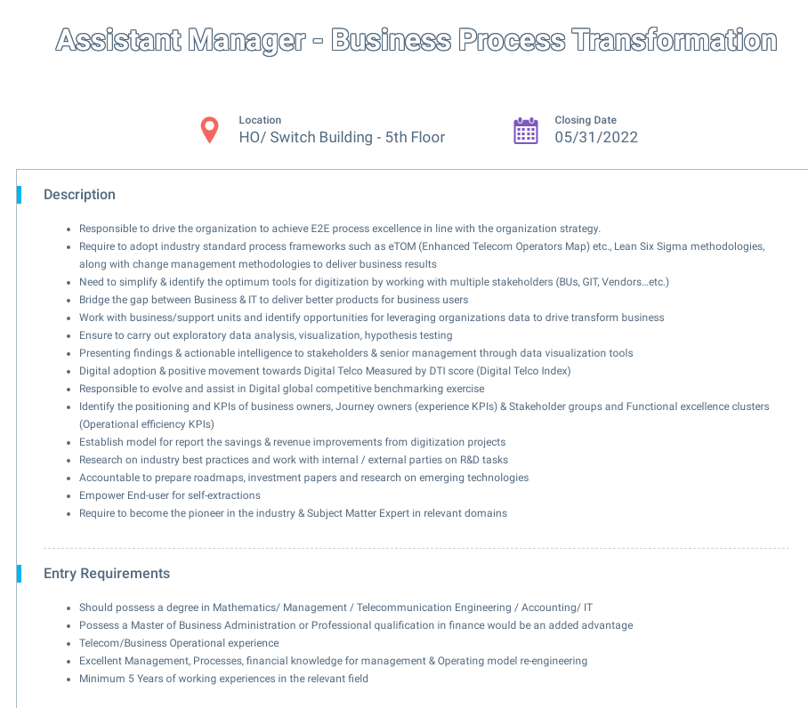Assistant Manager (Business Process Transformation) - Dialog Axiata PLC Jobs Vacancies