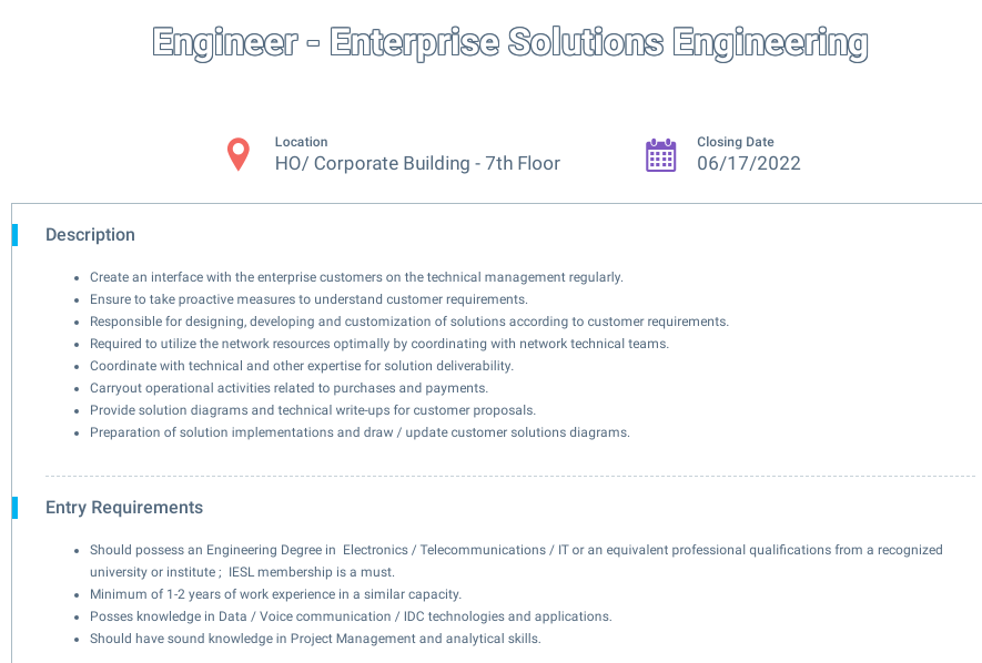 Engineer (Enterprise Solutions Engineering) - Dialog Axiata PLC Jobs Vacancies
