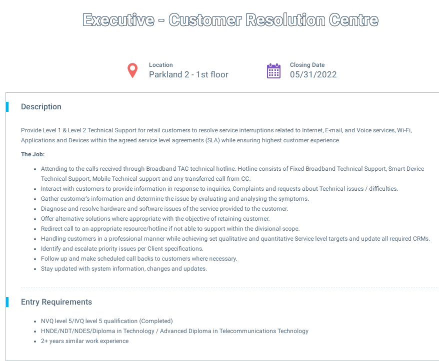 Executive (Customer Resolution Centre) - Dialog Axiata PLC Jobs Vacancies