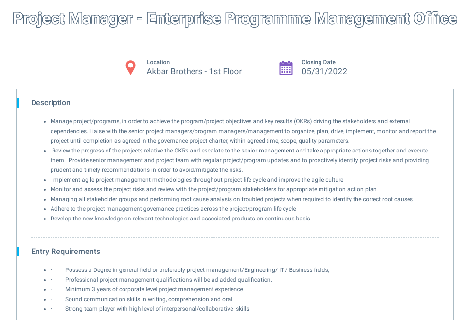 Project Manager (Enterprise Programme Management Office) - Dialog Axiata PLC Jobs Vacancies