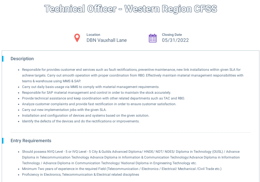 Technical Officer (Western Region CFSS) - Dialog Axiata PLC Jobs Vacancies