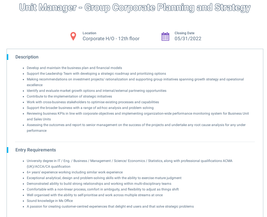 Unit Manager (Group Corporate Planning and Strategy) - Dialog Axiata PLC Jobs Vacancies