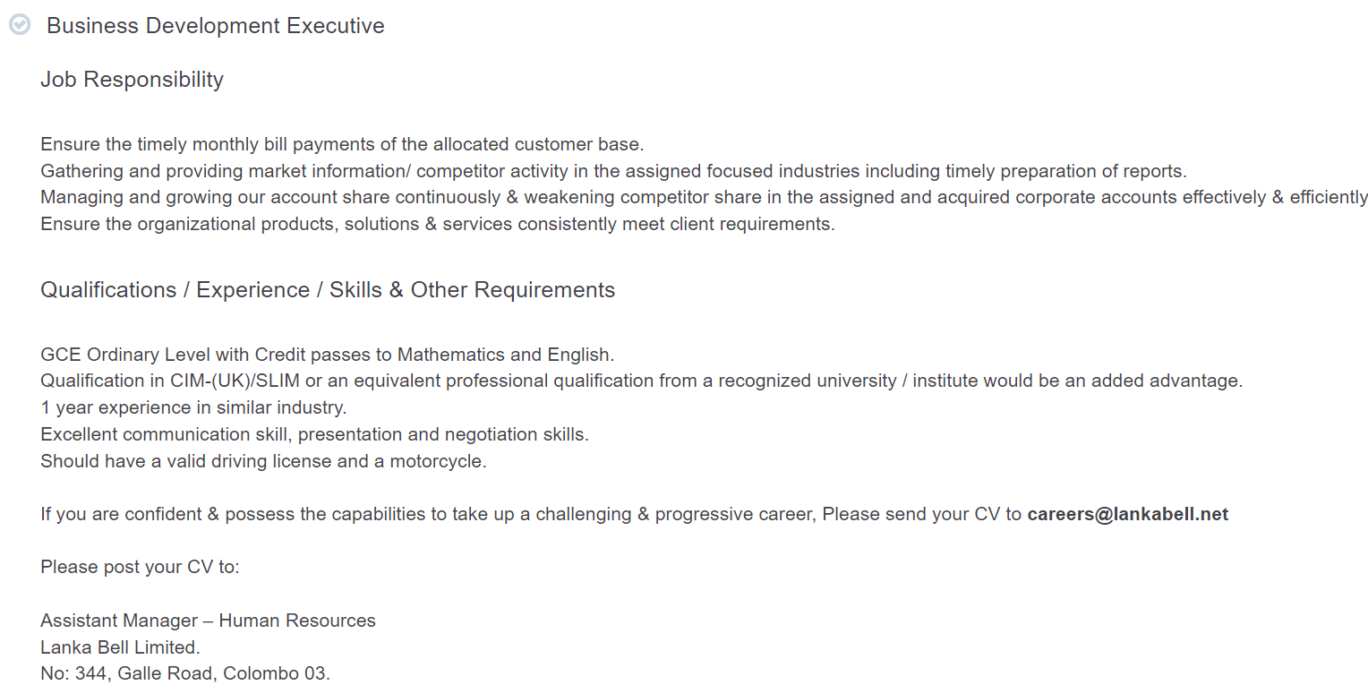 Business Development Executive Vacancies - Lanka Bell Telecom Jobs Vacancies