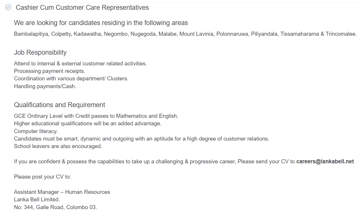 Cashier Cum Customer Care Representatives - Lanka Bell Telecom Jobs Vacancies