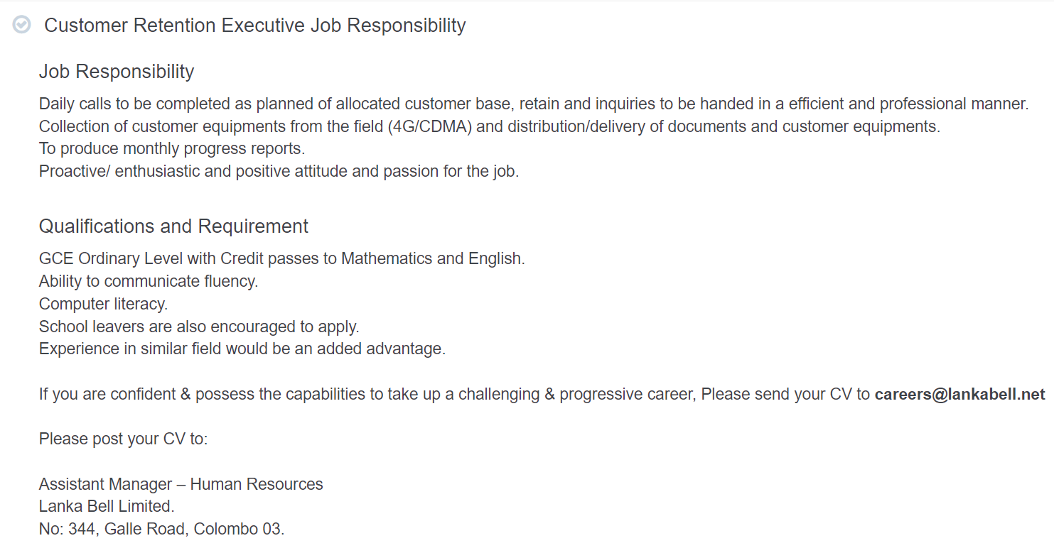 Customer Retention Executive Jobs Vacancies - Lanka Bell Telecom Jobs Vacancies