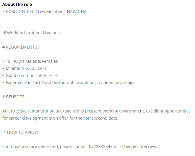Crew Member - KFC Sri Lanka Nawinna Jobs Vacancies