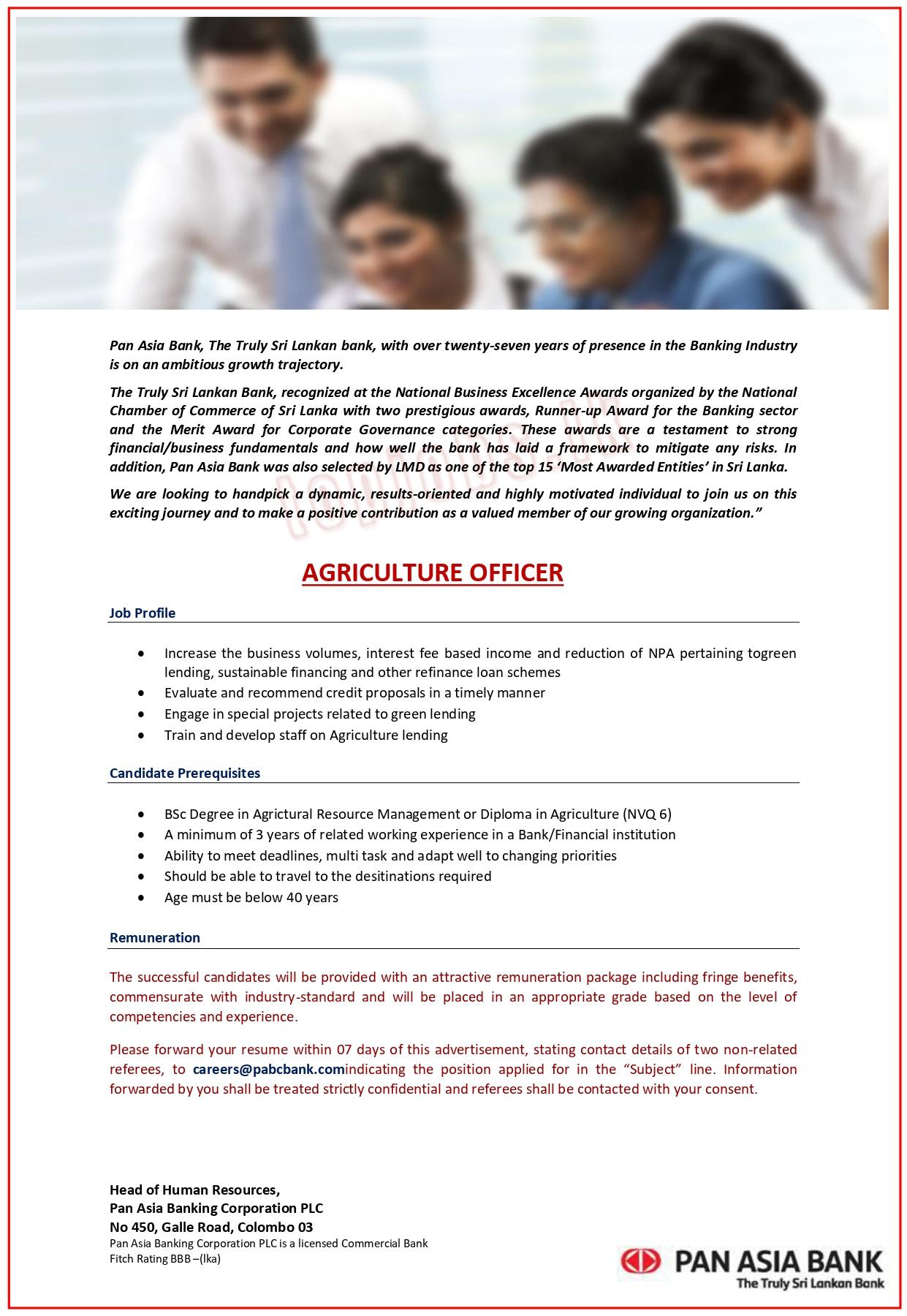Agriculture Officer Jobs Vacancies - Pan Asia Bank Jobs Vacancies