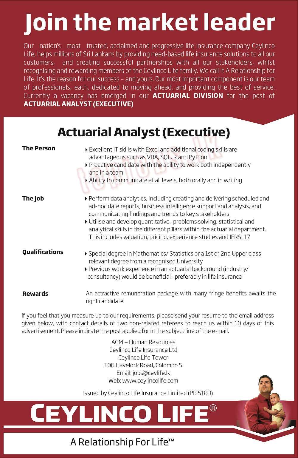 Actuarial Analyst (Executive) Vacancy - Ceylinco Life Insurance Jobs Vacancies