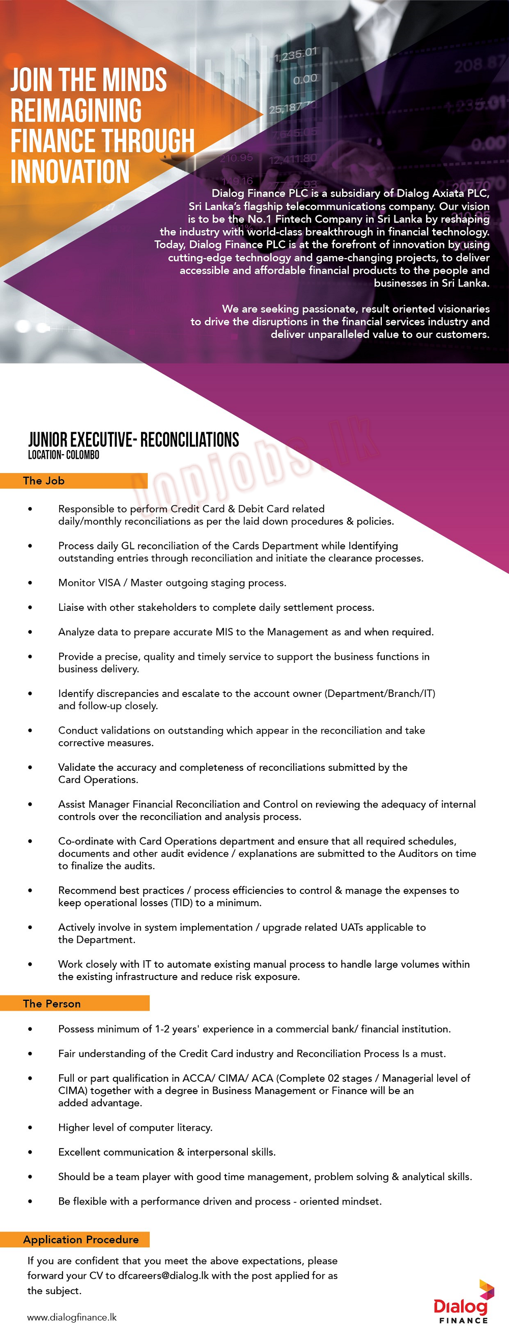 Junior Executive (Reconciliations) Vacancy - Dialog Finance PLC Jobs Vacancies