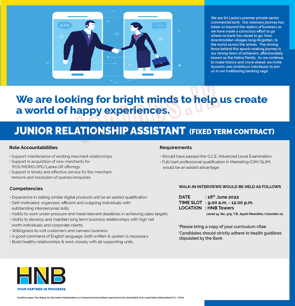 Junior Relationship Assistant Vacancy - HNB Bank Jobs Vacancies