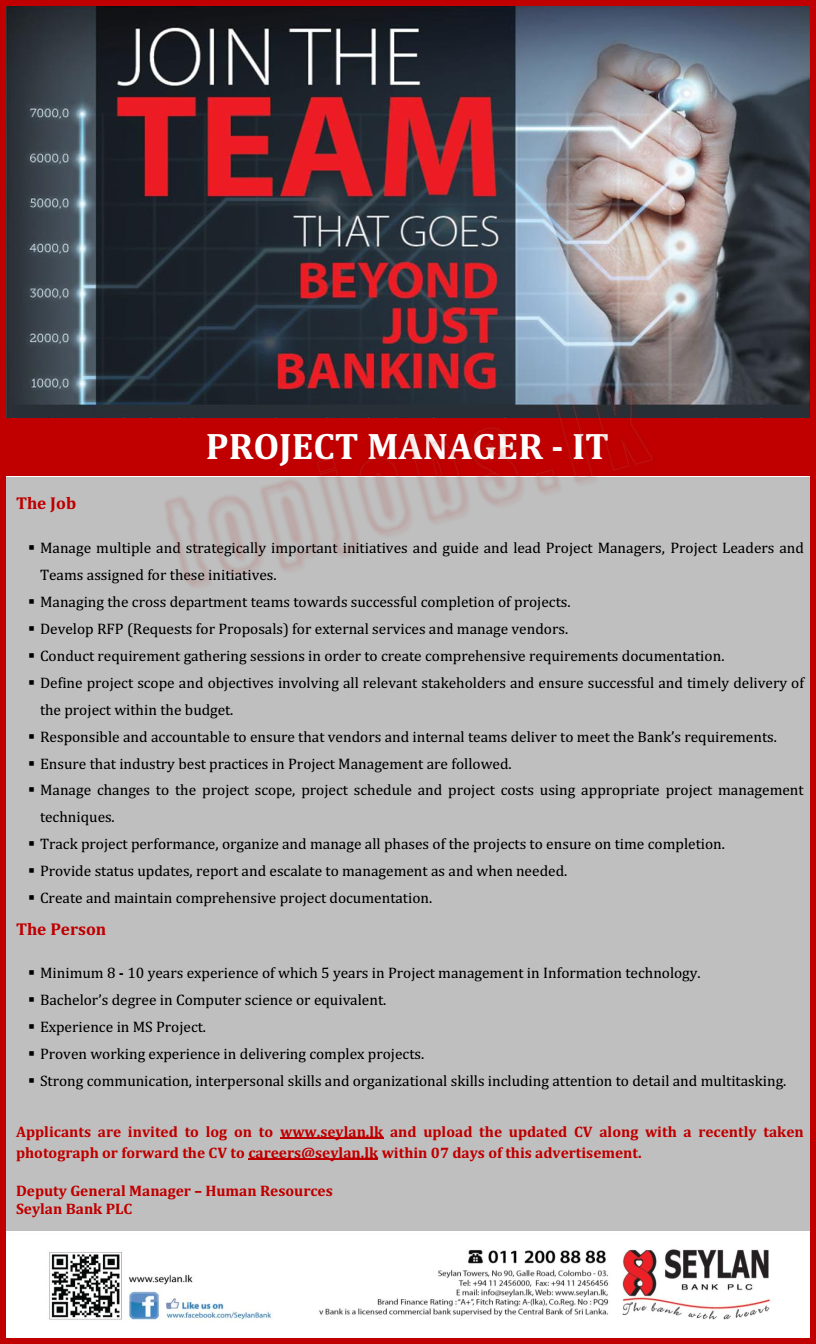 Project Manager (IT) Vacancy - Seylan Bank PLC Jobs Vacancies