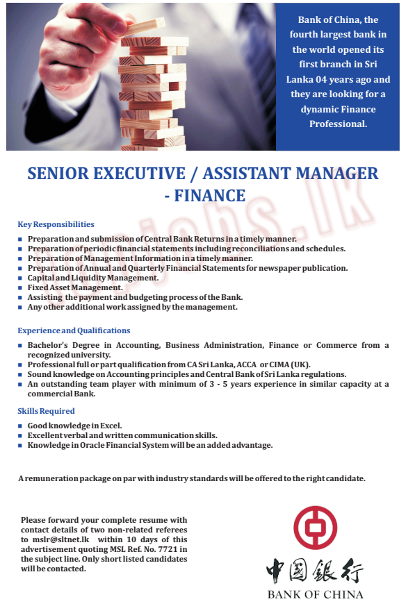 Senior Executive / Assistant Manager (Finance) Vacancies - Bank of China Jobs Vacancies