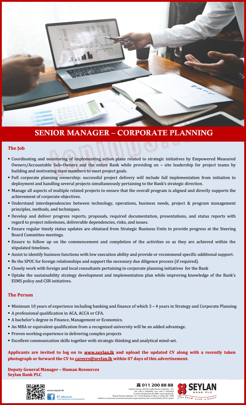 Senior Manager (Corporate Planning) Vacancy - Seylan Bank PLC Jobs Vacancies
