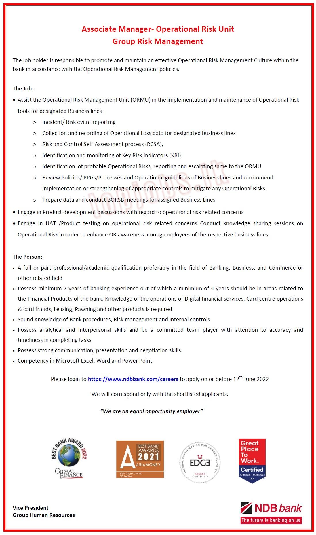 Associate Manager Operation Risk Unit GRM Vacancy - NDB Bank Jobs Vacancies