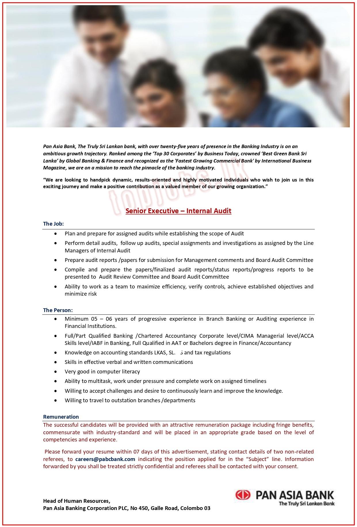 Executive (Internal Audit) Job Vacancy - Pan Asia Bank Jobs Vacancies