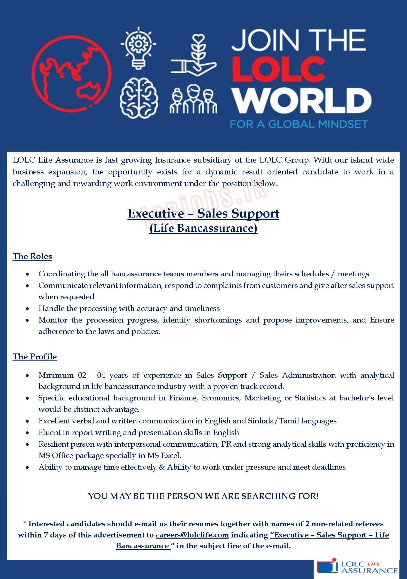 Executive - Sales Support (Life Bancassurance) - LOLC Holdings PLC Jobs Vacancies