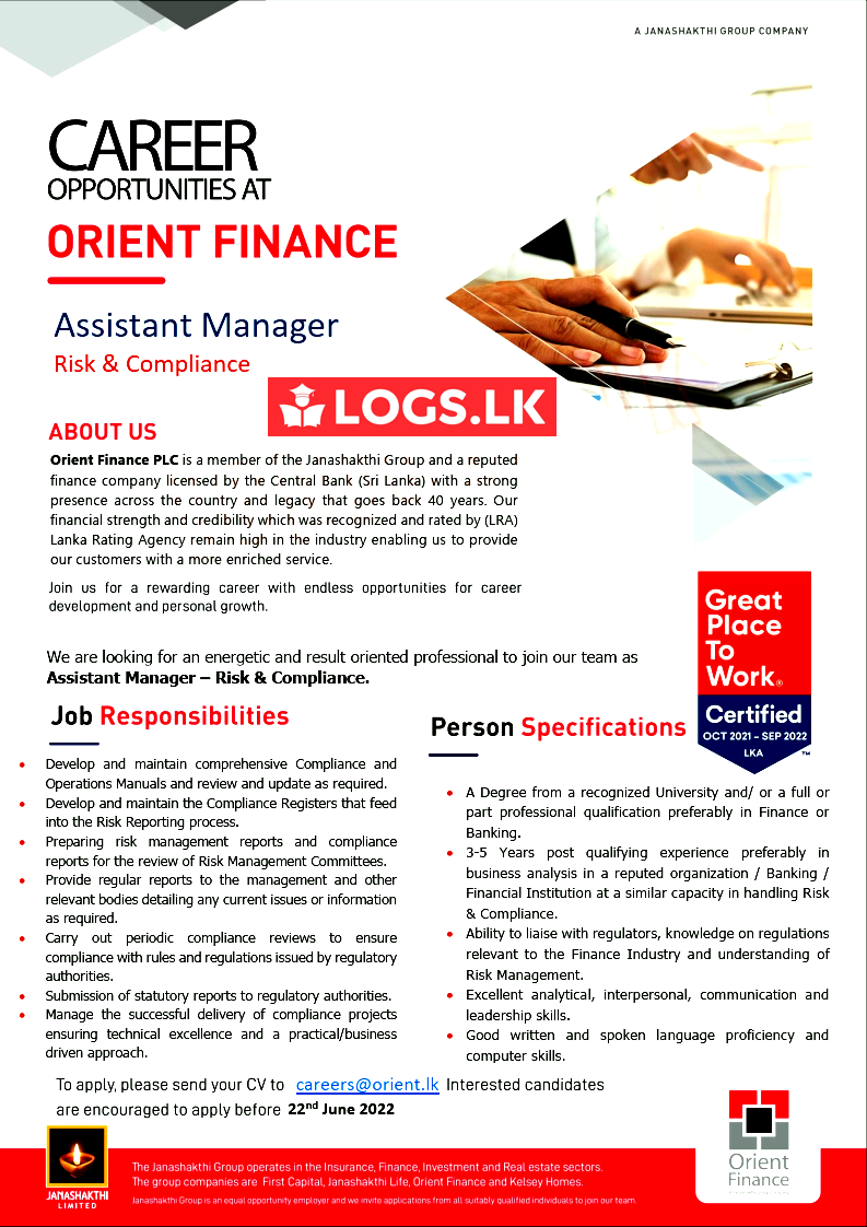 Assistant Manager (Risk & Compliance) Vacancy - Orient Finance Jobs Vacancies