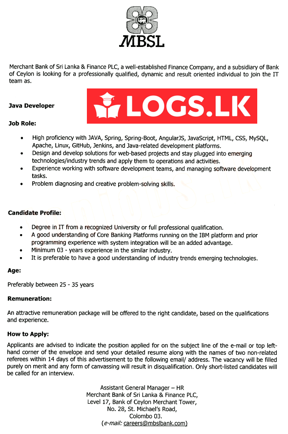 Java Developer Job Vacancy - Merchant Bank of Sri Lanka Jobs Vacancies