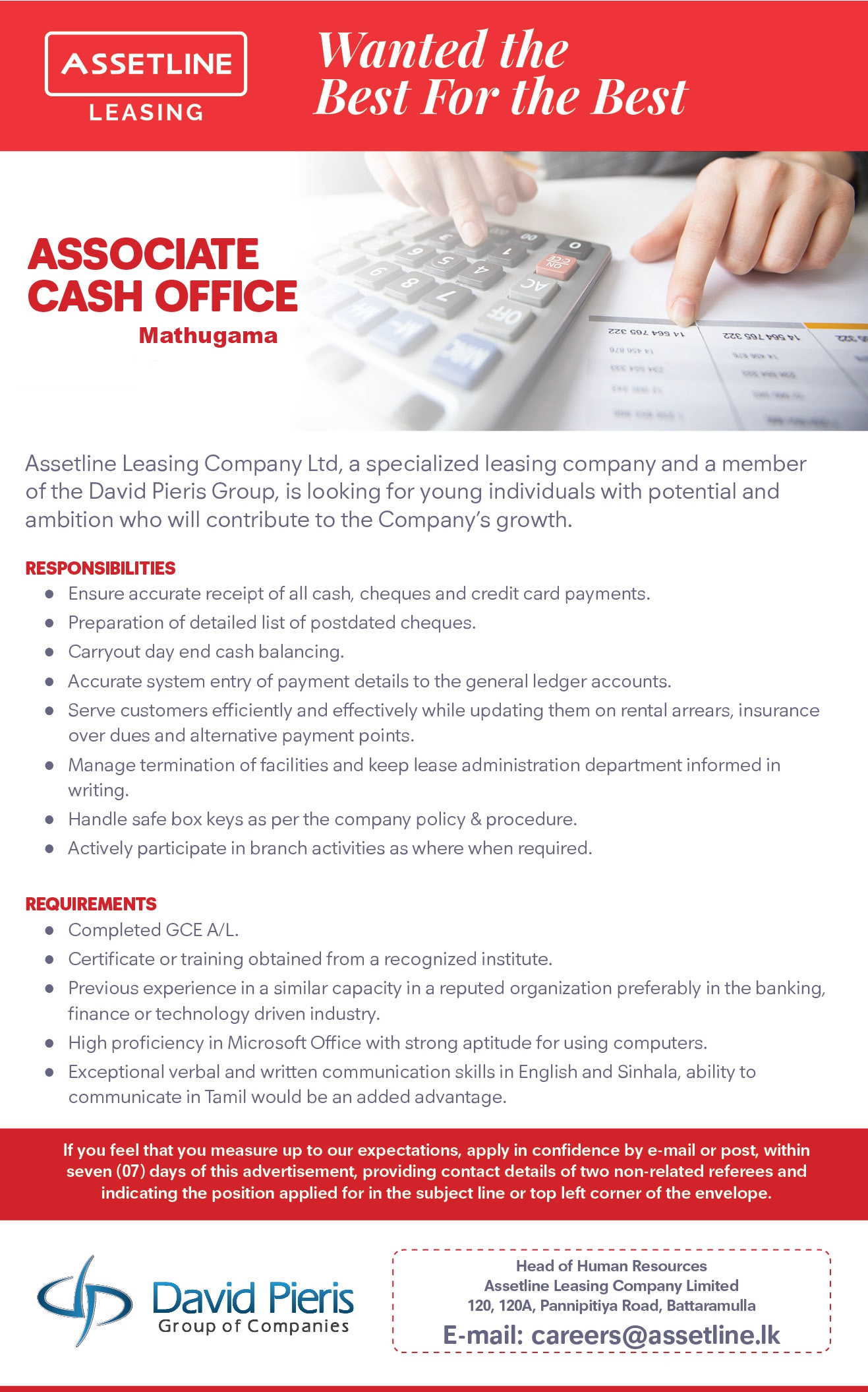Associate Cash Office Vacancy - Mathugama DPMC Assetline Jobs Vacancies