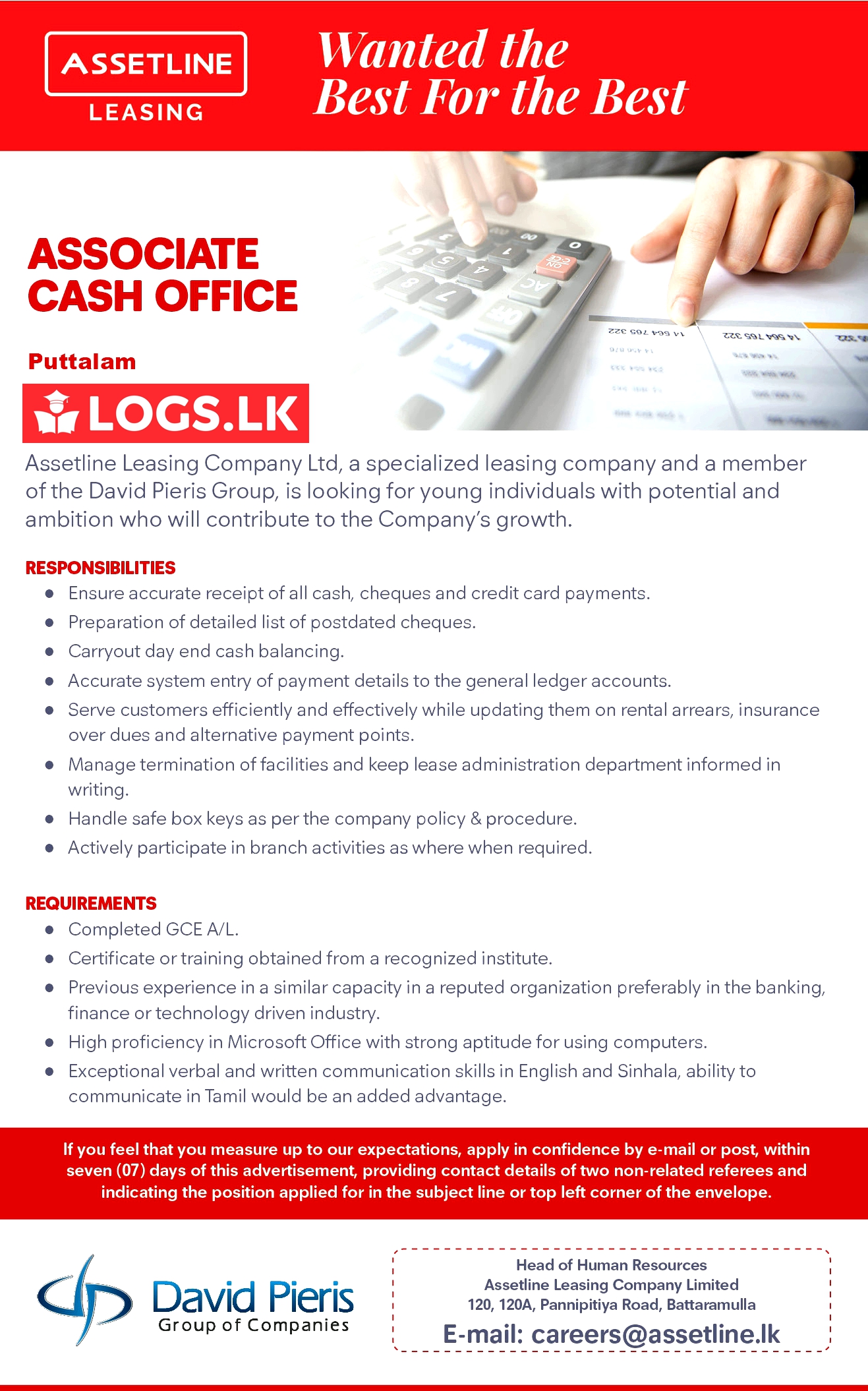 Associate Cash Office Vacancy - Puttalam DPMC Assetline Jobs Vacancies