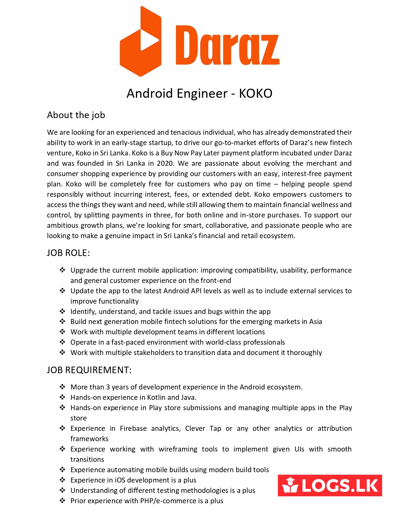 Android Engineer - KOKO Jobs Vacancies - Daraz Sri Lanka Jobs Vacancies