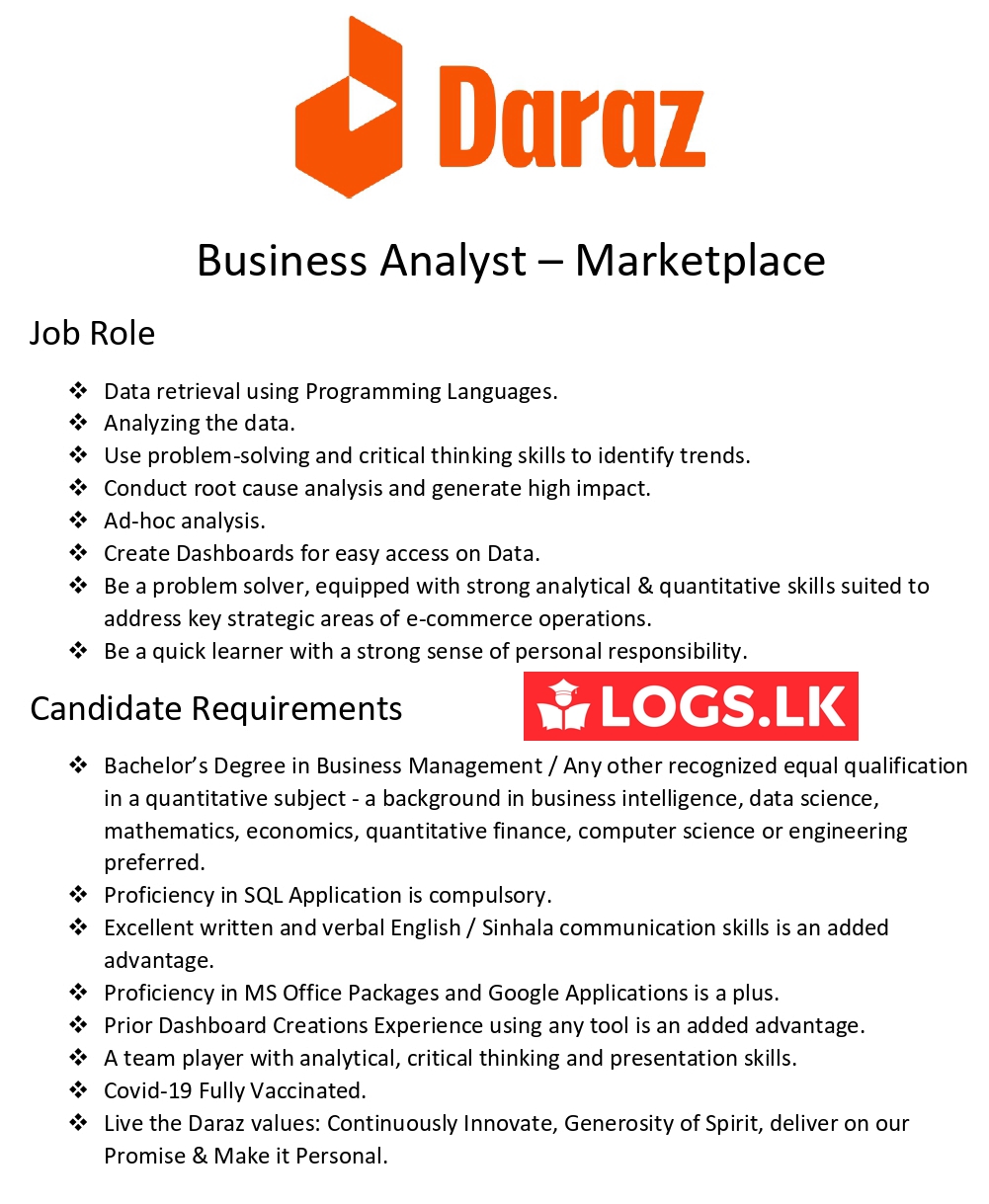 Business Analyst (Marketplace) Job Vacancy - Daraz Sri Lanka Jobs Vacancies Details