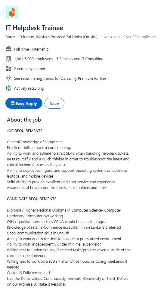 IT Helpdesk Trainee Jobs Vacancies - Daraz Sri Lanka Jobs Careers Details