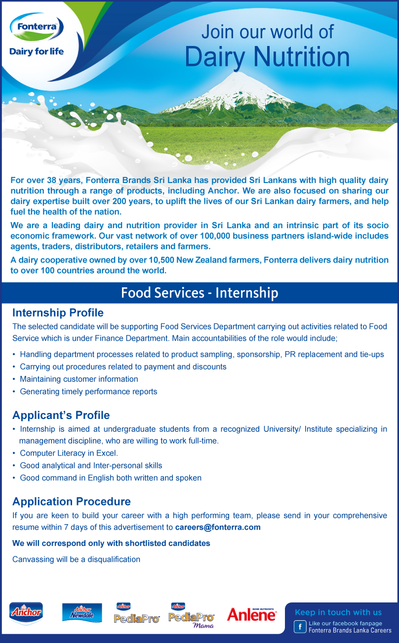 Internship (Food Service) Jobs Vacancies - Fonterra Brands Sri Lanka Jobs Vacancies