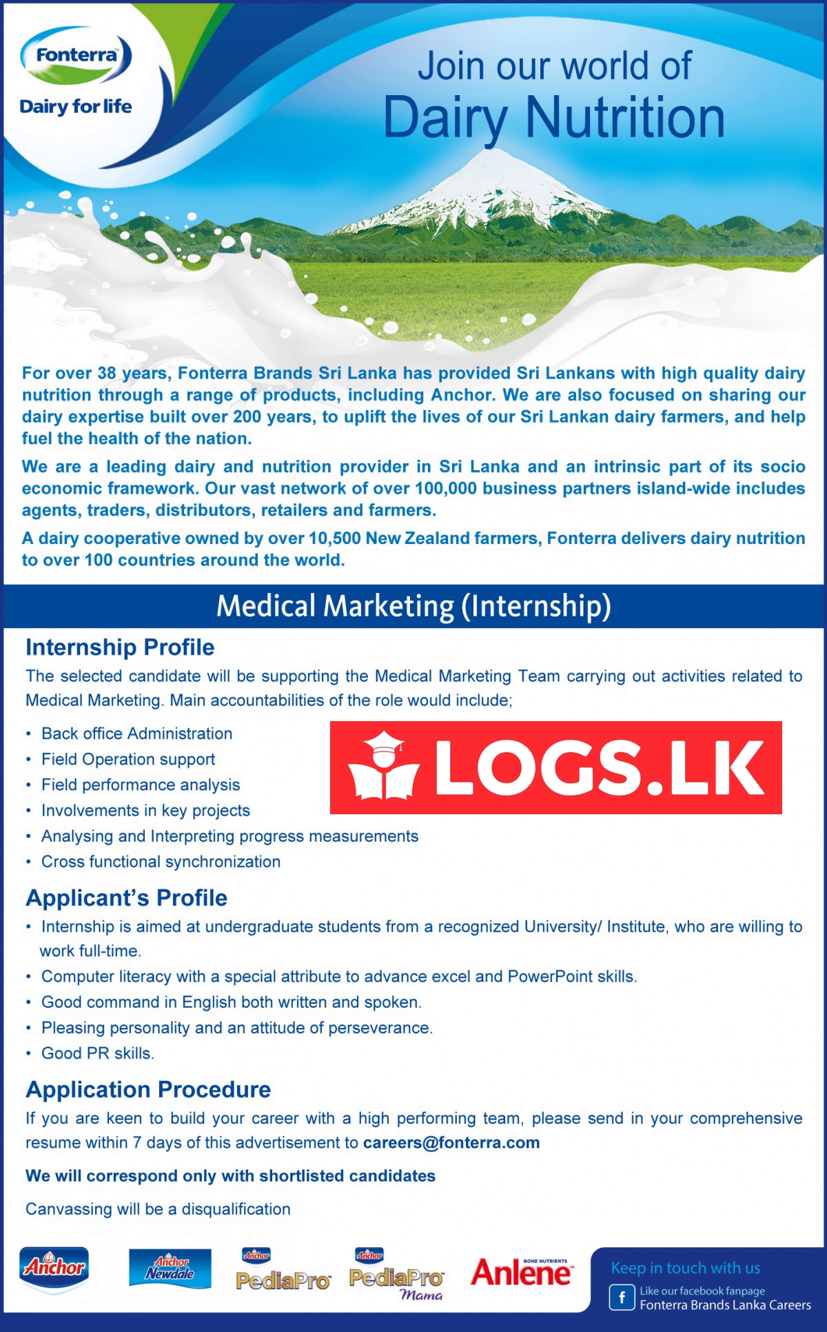 Internship (Medical Marketing) Job Vacancy - Fonterra Brands Sri Lanka (Anchor Company) Jobs Vacancies