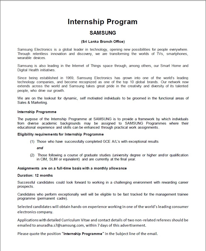 Internship Program for Jobs Vacancies in Samsung Sri Lanka Jobs Vacancies Details