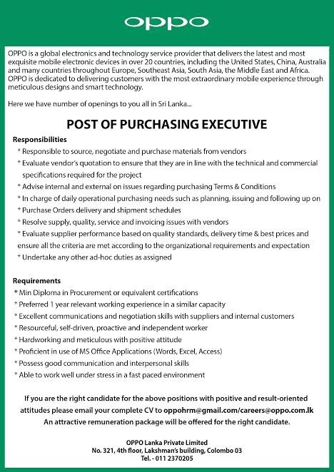 Purchasing Executive Jobs Vacancies - OPPO Sri Lanka Jobs Vacancies Details