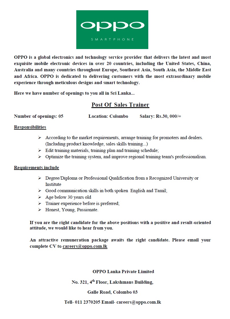 Sales Trainer Jobs Vacancies - OPPO Sri Lanka Pvt Ltd Jobs Vacancies Details